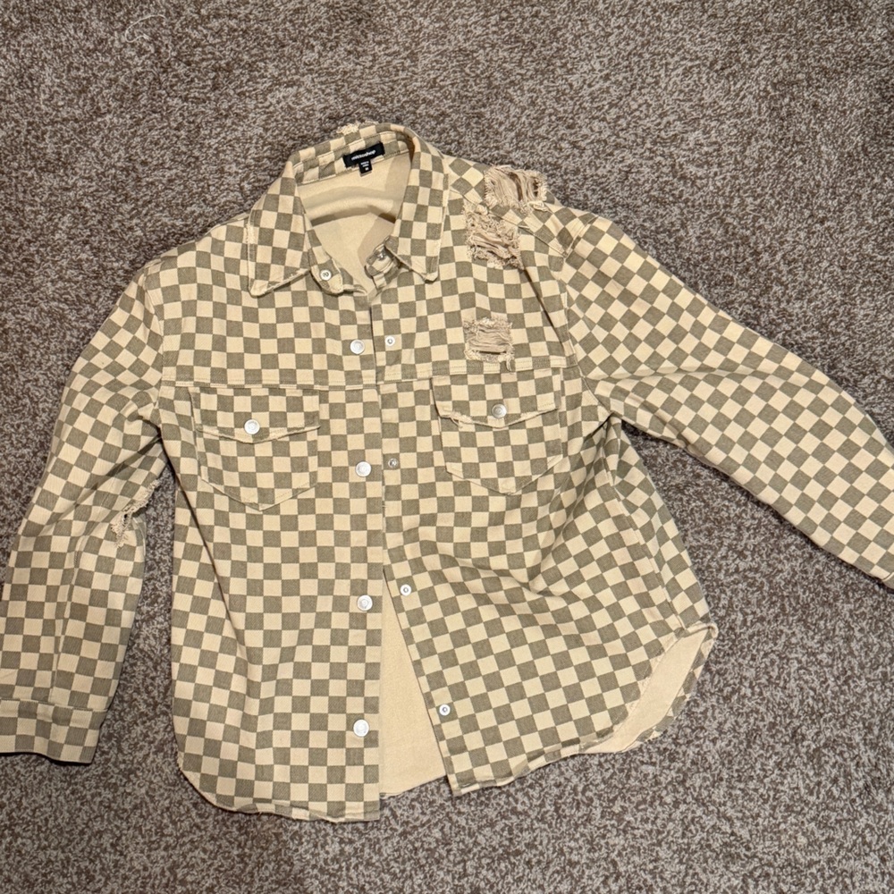 Mittoshop Checkered Jean Jacket - Beige and Cream